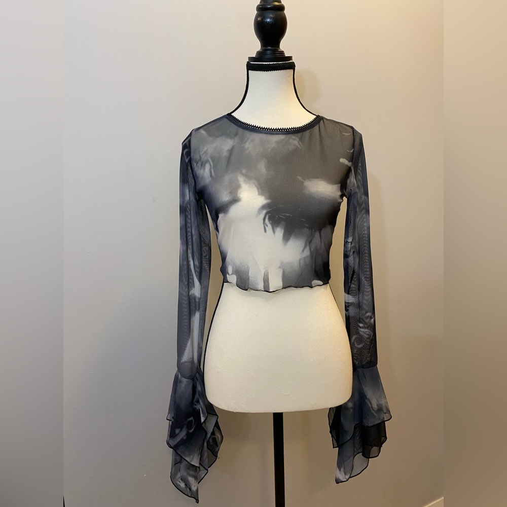 Sexy Elegant Sheer Mesh Top with Flared Sleeves size S romantic goth